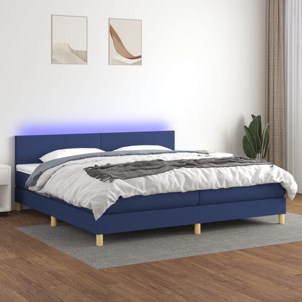 vidaXL Cama box spring c/ colch&atilde;o e LED 200x200 cm tecido azul