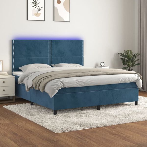 vidaXL Cama box spring c/ colch&atilde;o/LED 180x200 cm veludo azul-escuro