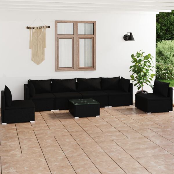 vidaXL 7 pcs conjunto lounge de jardim c/ almofad&otilde;es vime PE preto