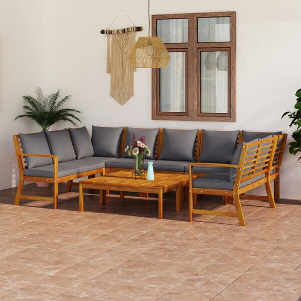 vidaXL 9 pcs conjunto lounge de jardim c/ almofad&otilde;es ac&aacute;cia maci&ccedil;a