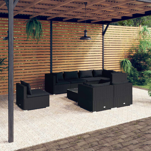 vidaXL 9 pcs conjunto lounge de jardim c/ almofadões vime PE preto