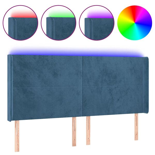 vidaXL Cabeceira cama c/ luzes LED veludo 163x16x118/128cm azul-escuro