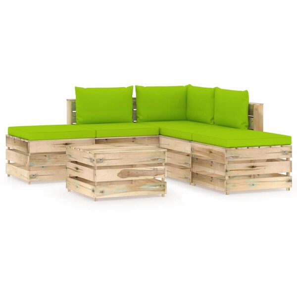 vidaXL 6 pcs conj. lounge jardim c/ almofad&otilde;es madeira impreg. verde