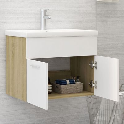 vidaXL Armário lavatório + lavatório embutido contrap. branco e sonoma