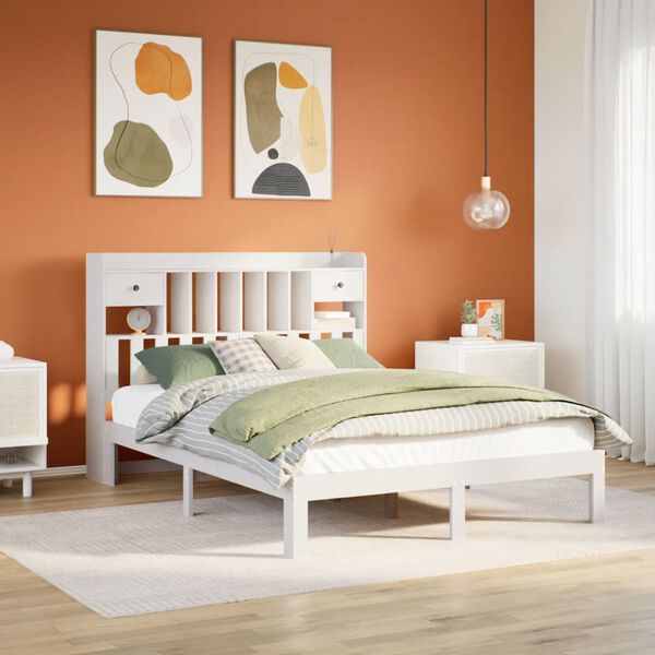 vidaXL Cama com estante sem colchão 150x200 cm pinho maciço branco