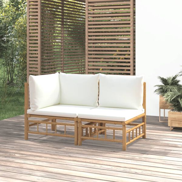 vidaXL 2 pcs conjunto lounge de jardim bambu c/ almofadões branco nata