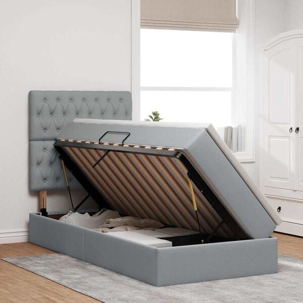 vidaXL Cama com arruma&ccedil;&atilde;o e LED Cinzento-claro 100 x 200 cm Poli&eacute;ster