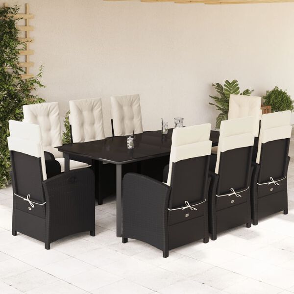 vidaXL 9 pcs conjunto de jantar p/ jardim c/ almofad&otilde;es vime PE preto