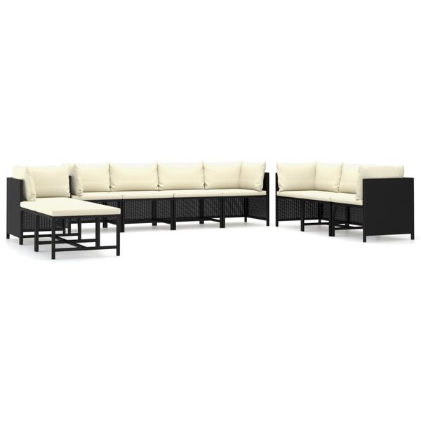 vidaXL 10 pcs conjunto lounge de jardim c/ almofad&otilde;es vime PE preto