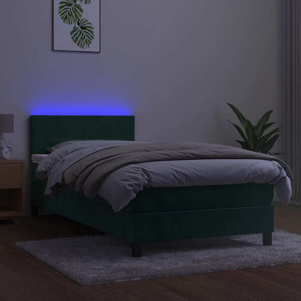 vidaXL Cama box spring c/ colch&atilde;o/LED 100x200 cm veludo verde-escuro