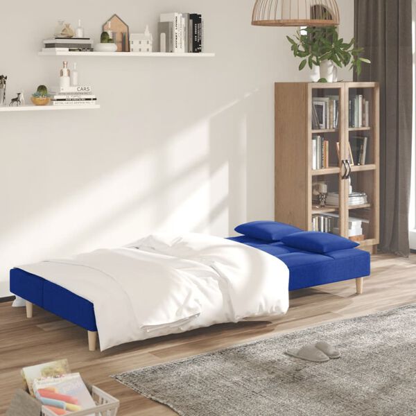 vidaXL Sof&aacute;-cama 2 lugares com duas almofadas tecido azul