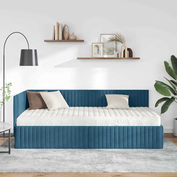 vidaXL Estrutura de Cama de Canto com Colch&atilde;o 2 pcs Azul Veludo