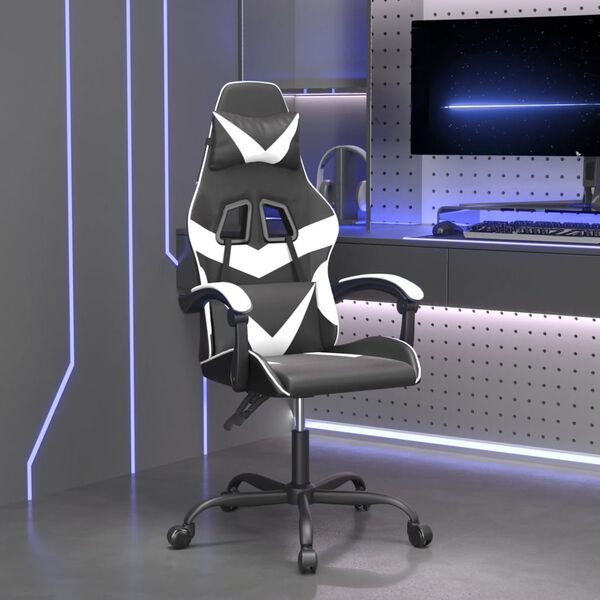 vidaXL Cadeira gaming girat&oacute;ria couro artificial preto e branco