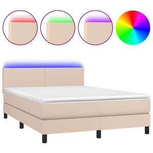 vidaXL Cama box spring c/colch&atilde;o/LED 140x190cm couro artif. cappuccino