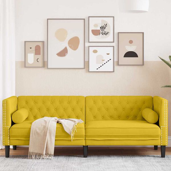 vidaXL Sof&aacute; chesterfield com rolos 3 lugares veludo amarelo