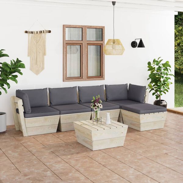 vidaXL 6 pcs conjunto lounge de paletes + almofad&otilde;es madeira de abeto