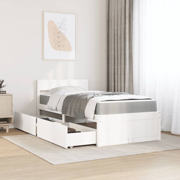 vidaXL Cama com gavetas e colch&atilde;o 100x200 cm pinho maci&ccedil;o branco