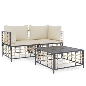 vidaXL 3 pcs conjunto lounge de jardim c/ almofad&otilde;es vime PE antracite