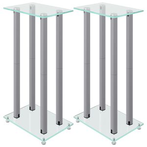 vidaXL Suportes colunas 2pcs vidro temperado design 4 pilares prateado
