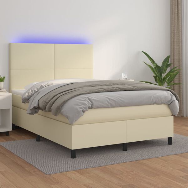 vidaXL Cama box spring c/ colch&atilde;o/LED 140x200cm couro artificial creme