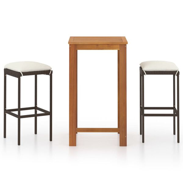 vidaXL 3 pcs conjunto de bar para jardim com almofad&otilde;es castanho