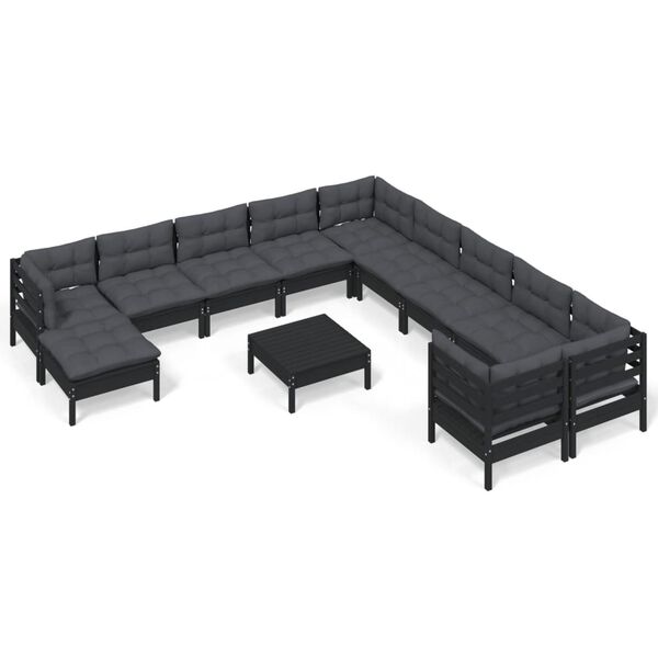 vidaXL 12 pcs conjunto lounge de jardim c/ almofad&otilde;es pinho preto