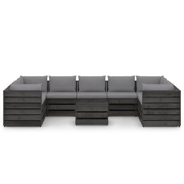 vidaXL 10 pcs conj. lounge jardim c/ almofad&otilde;es madeira impreg. cinza