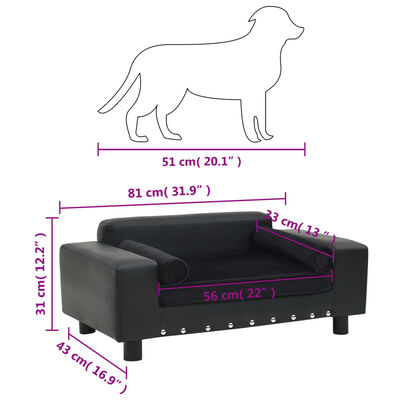vidaXL Sofá para cães 81x43x31 cm pelúcia e couro artificial preto