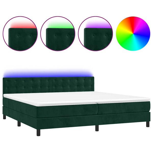 vidaXL Cama box spring c/ colch&atilde;o/LED 200x200 cm veludo verde-escuro