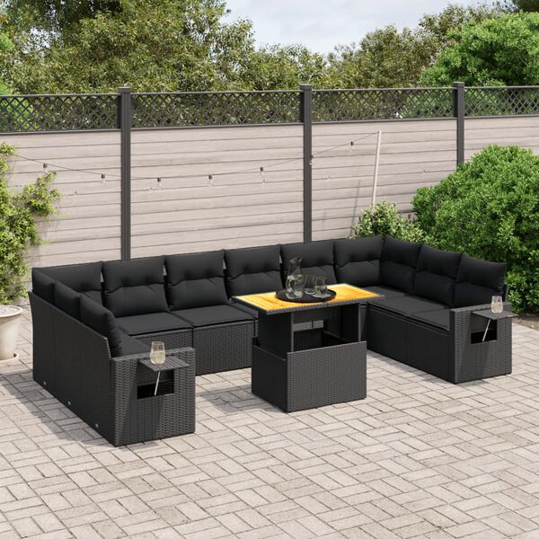 vidaXL 11 pcs conjunto sof&aacute;s de jardim c/ almofad&otilde;es vime PE preto