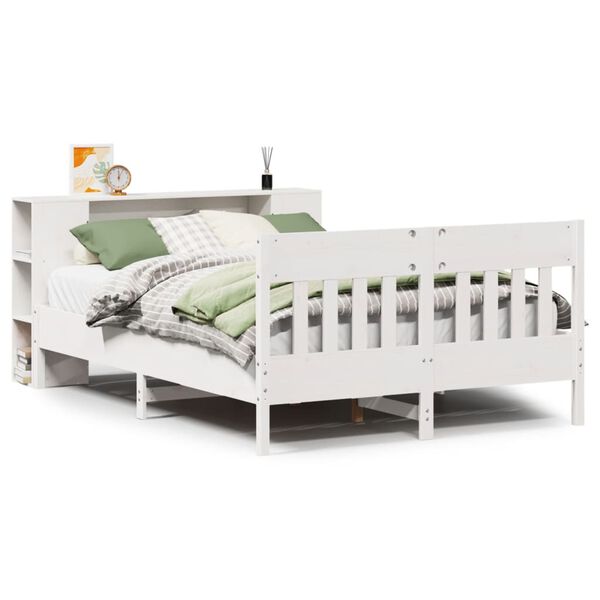 vidaXL Cama com estante sem colchão 140x200 cm pinho maciço branco