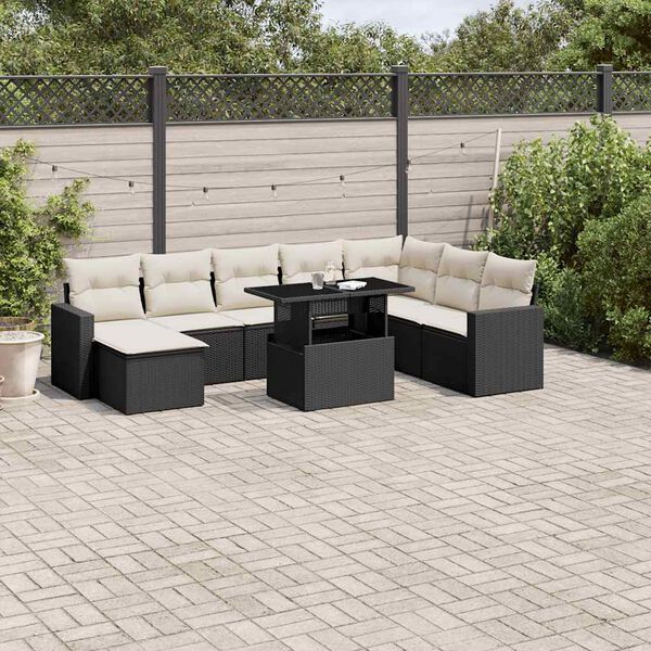 vidaXL 9 pcs conjunto de sof&aacute;s p/ jardim c/ almofad&otilde;es vime PE preto