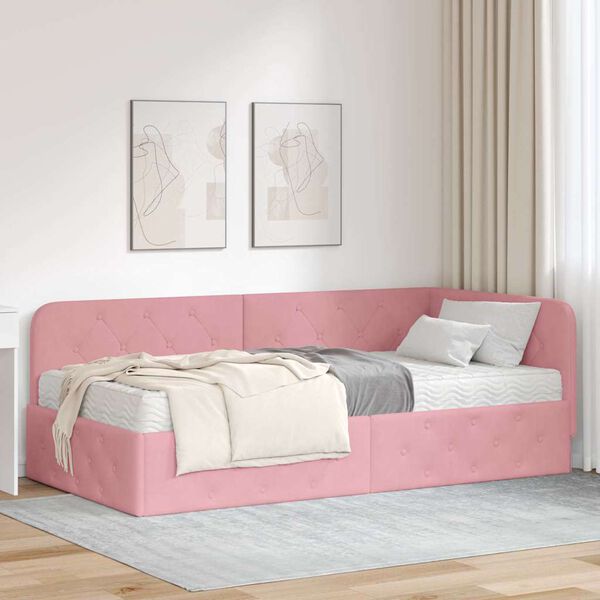vidaXL Estrutura de Cama de Canto com colch&atilde;o Rosa 100 x 200 cm Veludo
