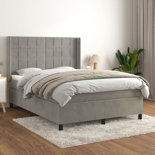 vidaXL Cama com molas/colch&atilde;o 140x190 cm veludo cinzento-claro