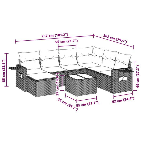 vidaXL 8 pcs conj. sof&aacute;s jardim c/ almofad&otilde;es vime PE cinzento-claro