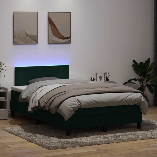vidaXL Cama box spring c/ colch&atilde;o e LED 120x220 cm veludo verde-escuro