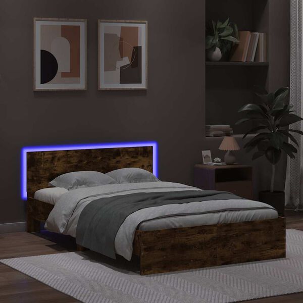 vidaXL Estrutura cama c/ cabeceira/luzes LED 120x200cm carvalho fumado