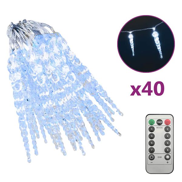 vidaXL Luz Natal pingente gelo 40 pcs c. remoto acrílico branco frio