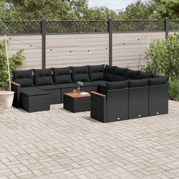 vidaXL 13 pcs conjunto de sof&aacute;s de jardim com almofad&otilde;es vime PE preto