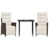 vidaXL 3 pcs conjunto jantar p/ jardim c/ almofad&otilde;es vime PE castanho