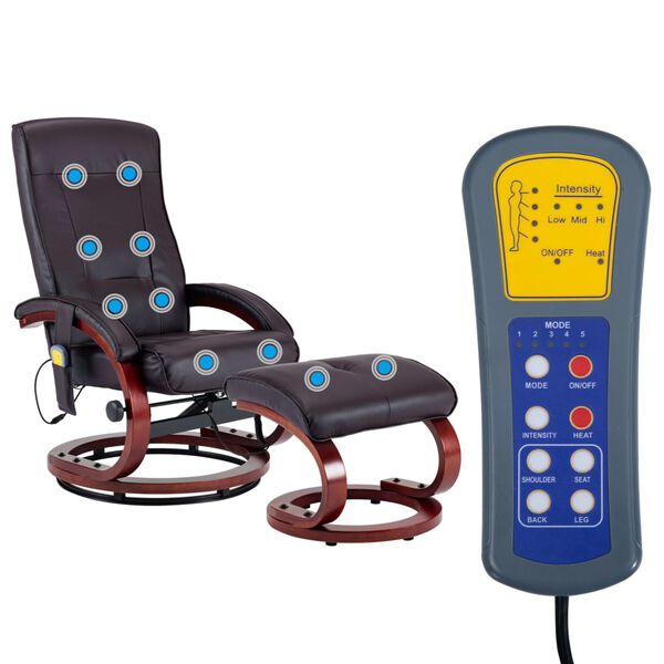 vidaXL Cadeira massagens reclinável + apoio pés couro artif. castanho