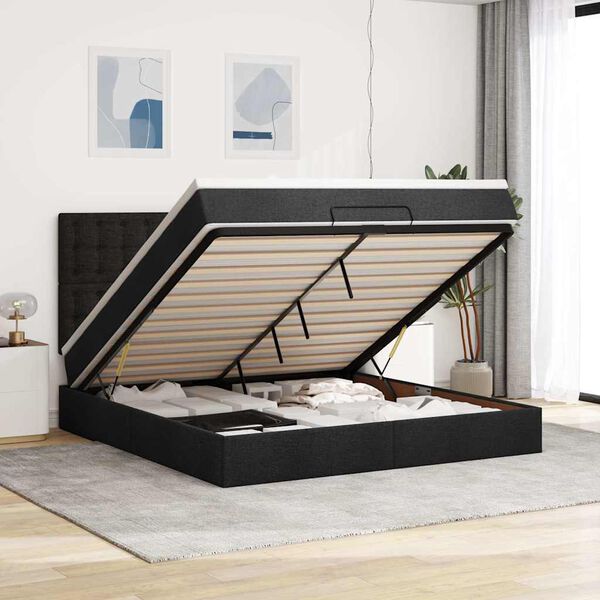 vidaXL Estrutura de cama otomana com colch&atilde;o 160x200 cm tecido preto