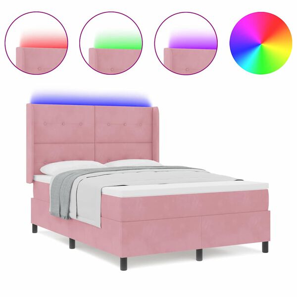 vidaXL Cama Box Spring com LED e Colch&atilde;o Rosa 140 x 190 cm Veludo