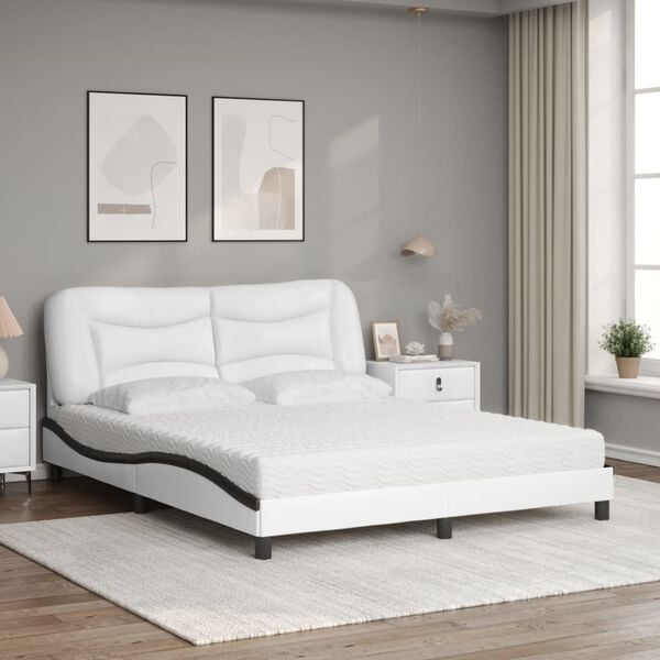 vidaXL Cama com colch&atilde;o Hvar 160x200 cm couro artificial preto e branco