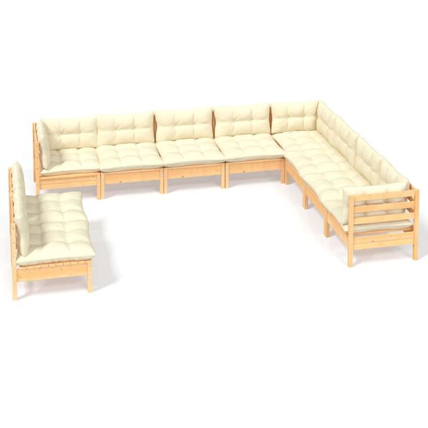 vidaXL 10 pcs conjunto lounge jardim c/ almofad&otilde;es creme pinho maci&ccedil;o
