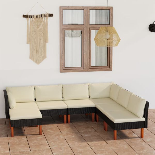 vidaXL 7 pcs conjunto lounge de jardim c/ almofad&otilde;es vime PE preto