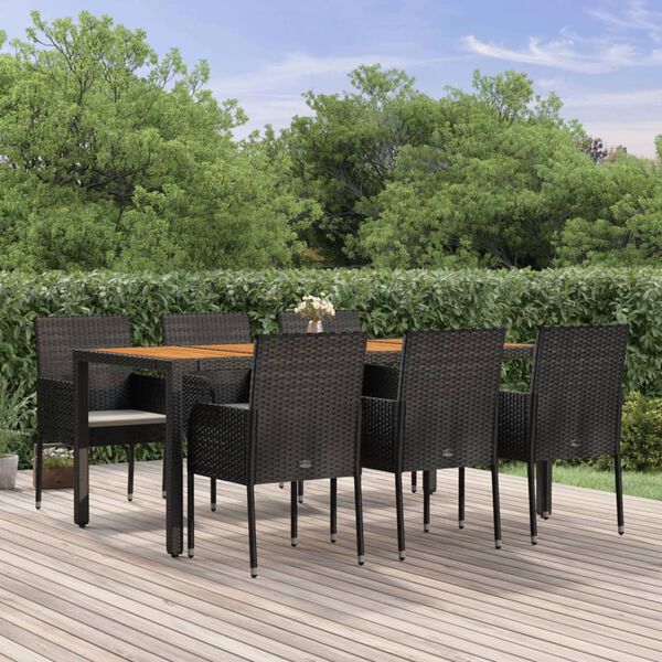 vidaXL 7 pcs conjunto de jantar p/ jardim c/ almofad&otilde;es vime PE preto