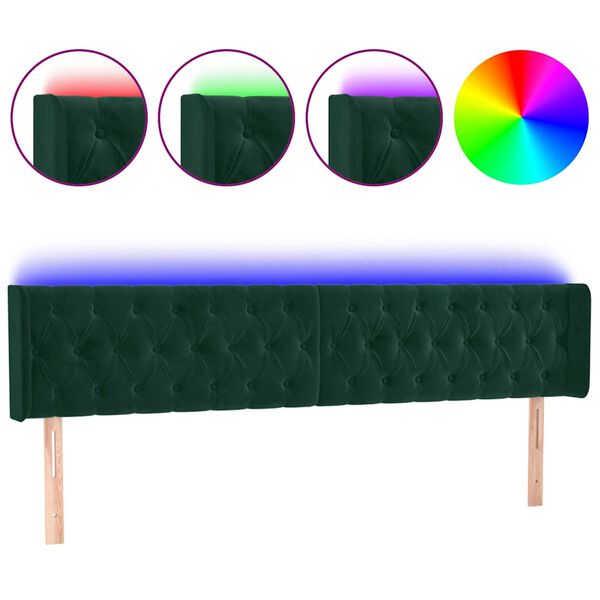vidaXL Cabeceira cama c/ luzes LED veludo 183x16x78/88 cm verde-escuro