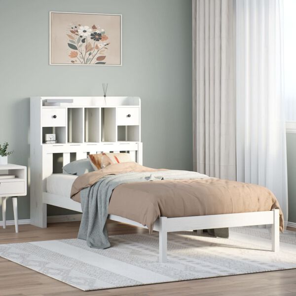 vidaXL Cama com estante sem colch&atilde;o 90x200 cm pinho maci&ccedil;o branco