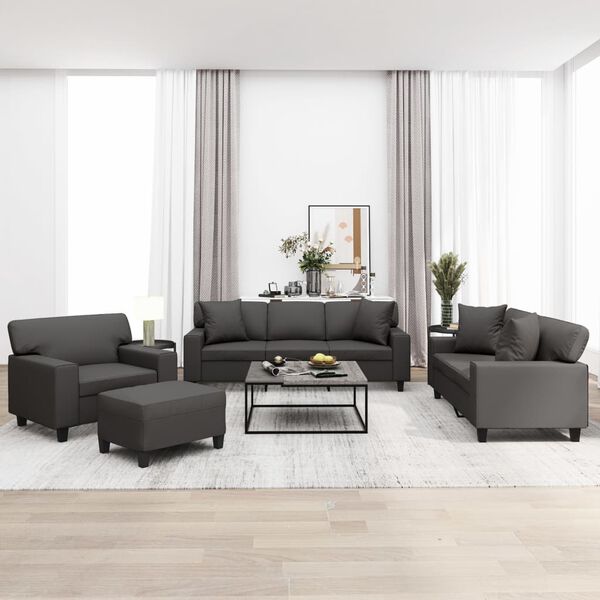 vidaXL 4 pcs conjunto sof&aacute;s c/ almofadas/almofad&otilde;es couro artif. cinza